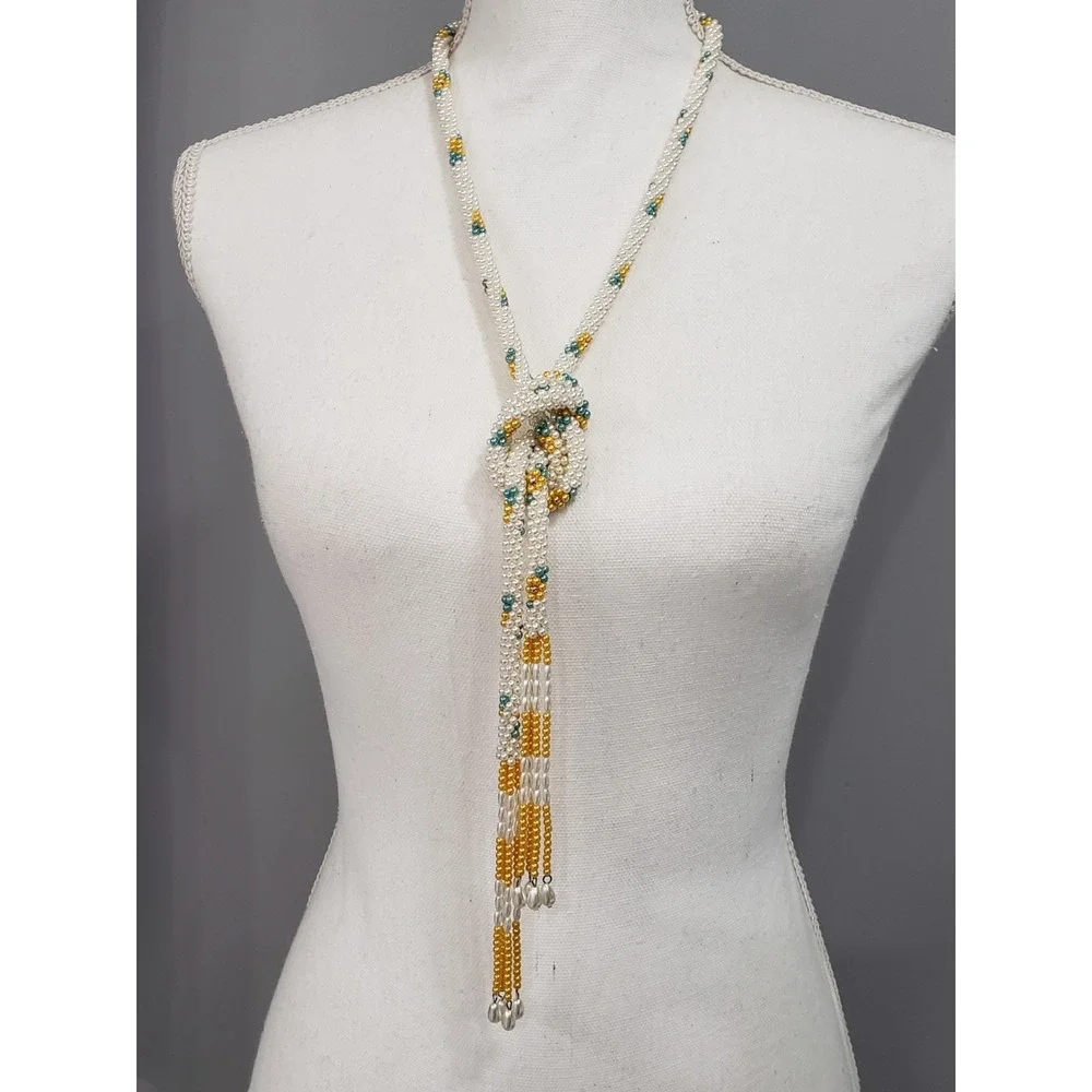1960s VTG Sautior Crochet Green Gold Faux Pearl Flowers Necklace Lairat Tassels